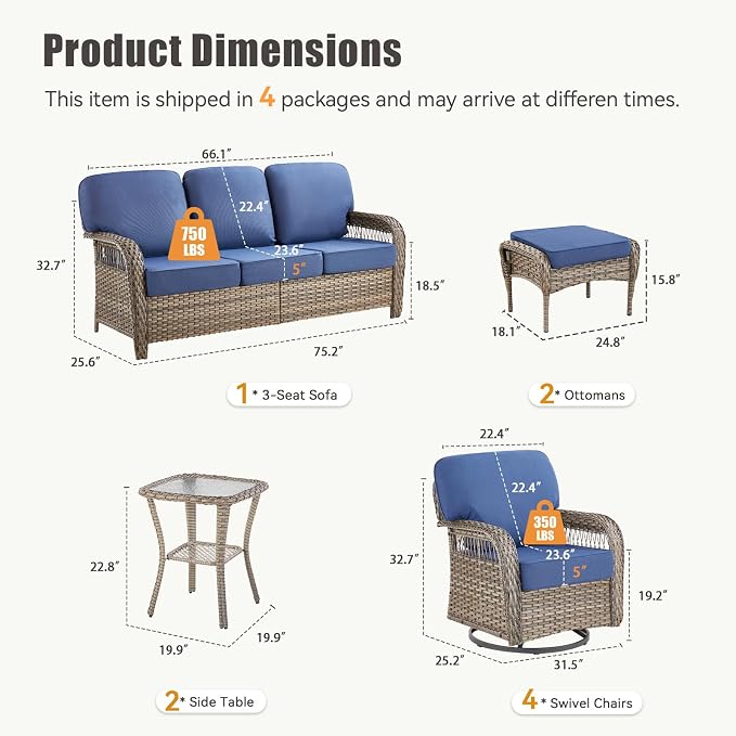 9 PCS Patio Furniture Set Outdoor Sectional Sofa Couch with Rocking Swivel Chairs 5" Deep Seat Chairs, Modern Wicker Rattan Conversation Set, Blue/Gray Wicker