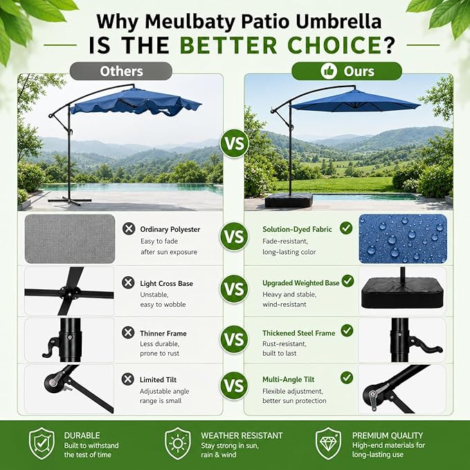 10FT Patio Umbrella with Base, Outdoor Umbrella Pool Umbrella Cantilever Umbrells - UV Protection, Easy Tilt & 360° Rotation for Poolside, Backyard & Garden