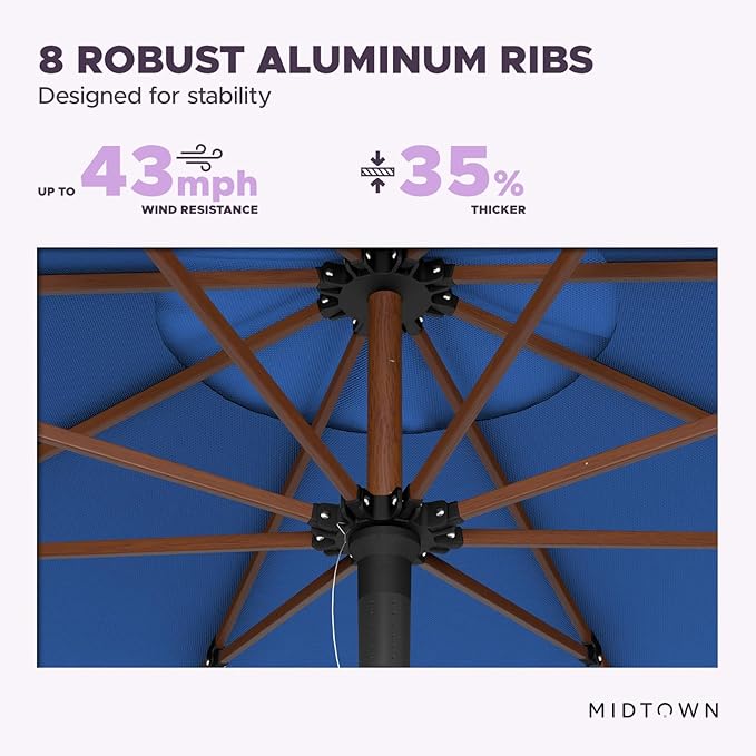 Midtown Umbrellas The Wooden 8 Feet Patio Umbrella With Sunbrella Dark Blue Acrylic Fabric - Aluminum Frame Market Umbrella For Backyard, Deck, Garden, Pool - Wooden Pole