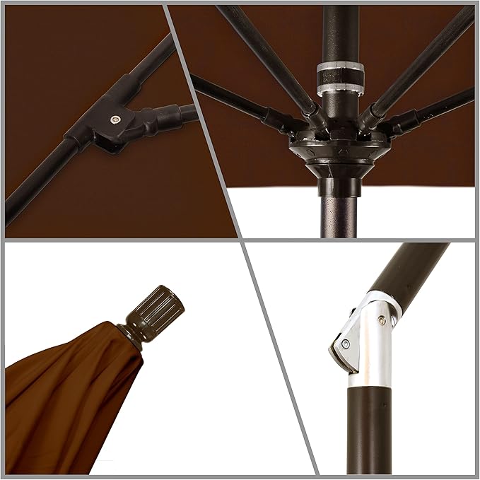 California Umbrella 9' Round Crank Lift, Collar Tilt, Aluminum Pole, Fiberglass Rib Patio Umbrella, Bronze Finish, Sunbrella Bay Brown