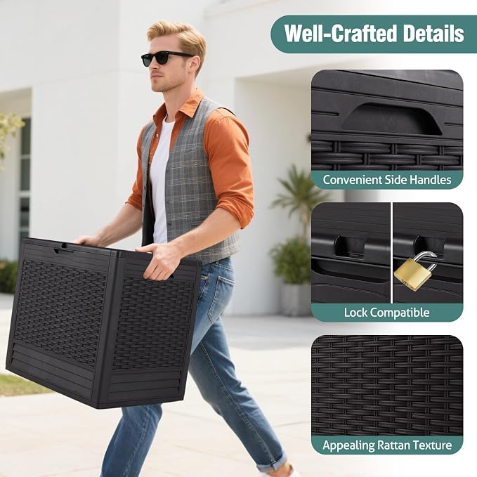 Giantex 25 Gallon Outdoor Storage Box, PP Deck Container with Rattan Patterns & Lockable Lid, All-Weather Patio Plastic Storage Bin for Package Delivery, Garden Tools, Patio Cushions (Brown)