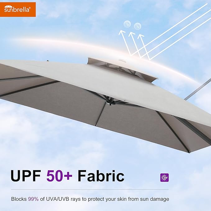 PURPLE LEAF 12FT Sunbrella Patio Umbrella Outdoor Double Top Large Offset Hanging Cantilever Umbrella 360° Rotation Square Umbrella for Garden Deck Pool Backyard Cast Ash