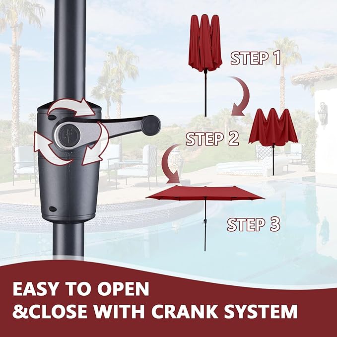13Ft Large Patio Umbrella with Base Outdoor Double-Sided Market Extra Large Table Umbrella Easy Crank for Yard, Poolside, Deck-Red