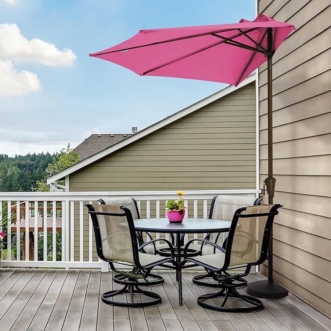JEAREY 9ft Half Umbrella Outdoor Patio Umbrella Market Umbrellas with Crank, 1/2 Round Wall Umbrella 5 Sturdy Ribs UV Protection for Pool Garden Balcony Deck, Rose Pink