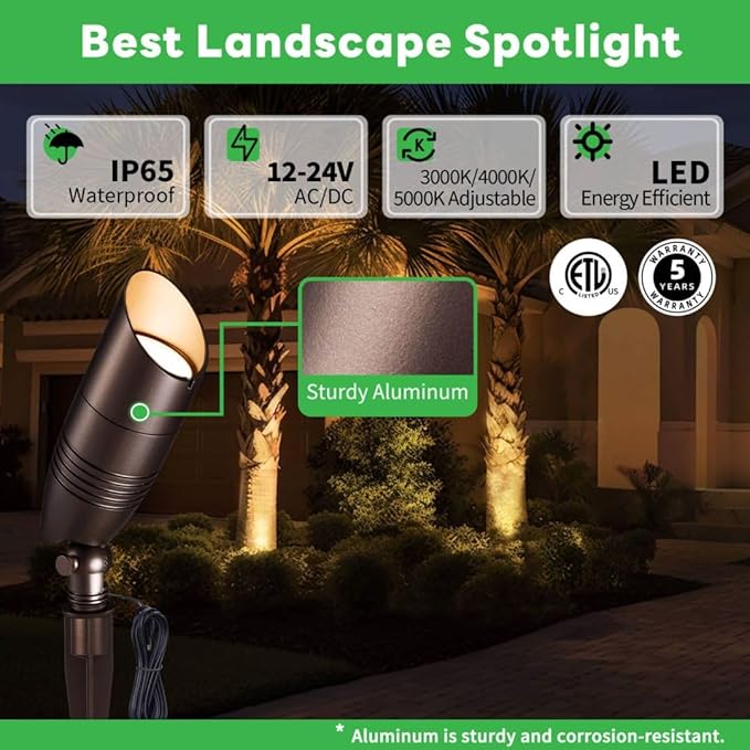 Low Voltage Spotlight, 3CCT 3000K/4000K/5000K Adjustable, Outdoor 12V LED Landscape Lighting, Waterproof IP65 ORB Aluminum Spot Light for House Tree Garden Yard Uplighting