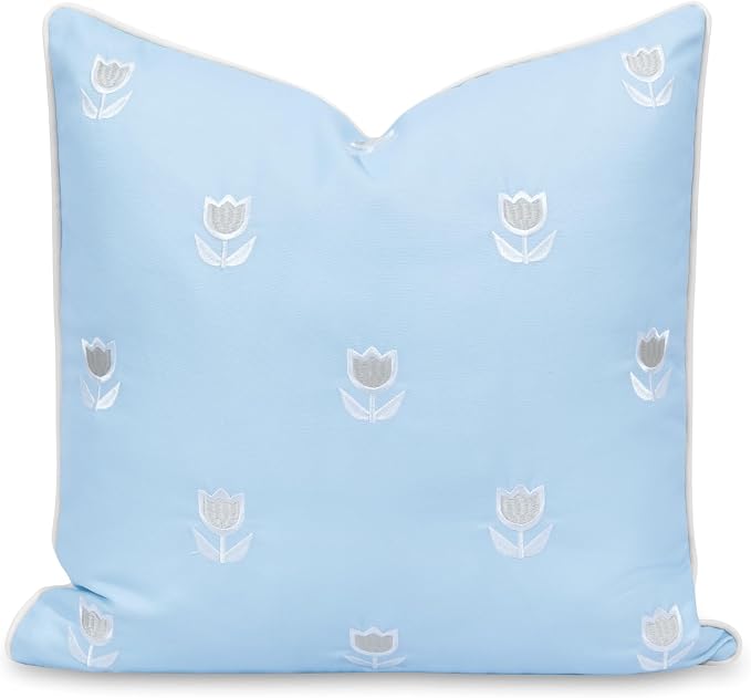 Hofdeco Premium Coastal Patio Indoor Outdoor Throw Pillow Cover Only, 20"x20" Water Repellent for Backyard, Couch, Baby Blue Tan Embroidered Tulips Floral with Piping