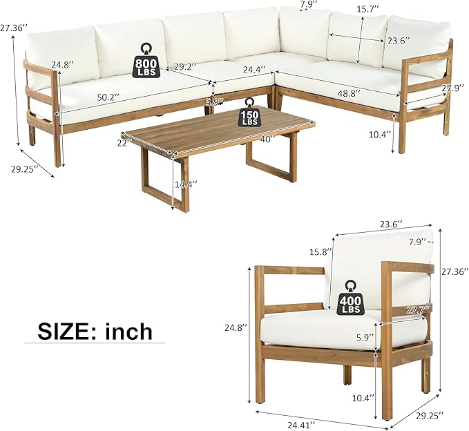 Christopher Knight Home Outdoor Acacia Wood 7 Seater Sectional Sofa Set with Thick Cushions Patio Conversation Set Modular Outdoor Seating with Coffee Table and Club Chairs for Patio Garden Deck