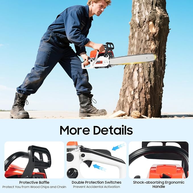 Gas Chainsaw 20 Inch, Gas Powered Chainsaw with 52cc 2-Cycle Single Cylinder Engine, Petrol Handheld Cordless Chain Saw with Air-cooled Syestem for Tree Cutting Wood Branch
