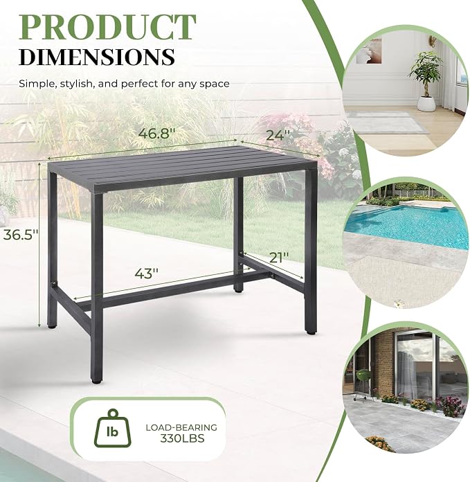 Outdoor Patio Counter Height Bar Table, 47" Rectangle for Patio, Garden, Yard, Balcony, Poolside