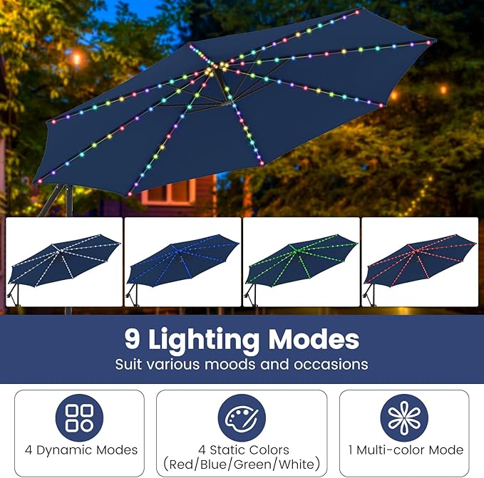 Tangkula 10 FT Solar Patio Umbrella with Base Included, Cantilever Offset Hanging Outdoor Umbrella with 96 Multi-Colored Flowing LED Lights, 9 Modes, Tilt Adjustment, 360° Rotation, Crank for Pool Yard Deck Lawn (Navy)