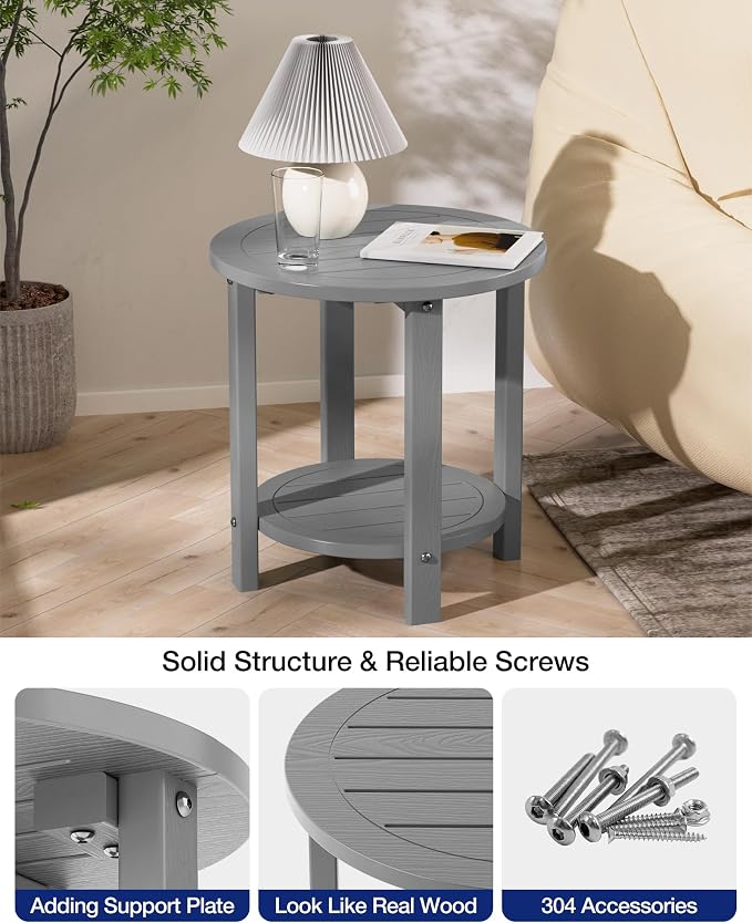 YEFU Outdoor Side Table for Patio: 16in HIPS Small Round Outdoor End Table - 2-Tier Adirondack Tables for Porch Patio Yard Poolside Living Room Beach Bedroom (Grey, 2 Pack)