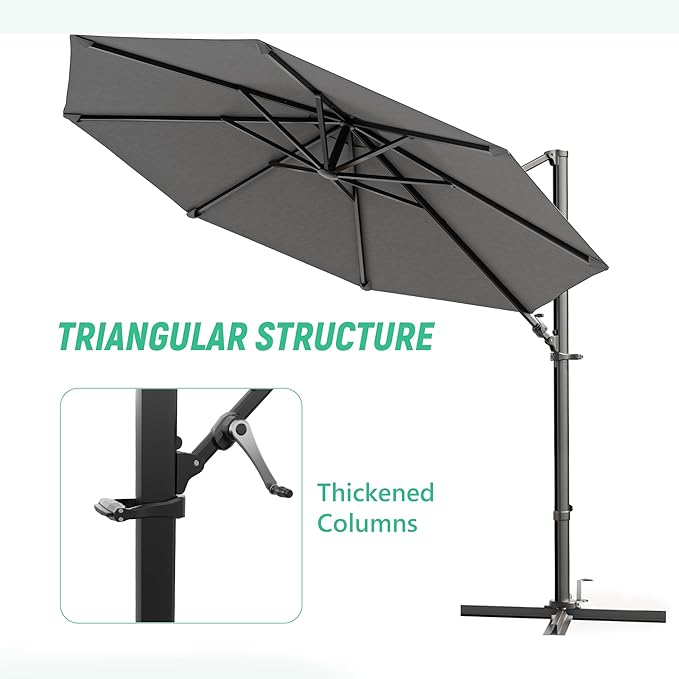 Greesum 10FT Outdoor Patio Umbrella with High Pedel and 4 Gear Heights, Large Offset Market Umbrella with 360-degree Rotation, Without Base, Hanging Outdoor Shade for Garden, Lawn, Pool, Gray
