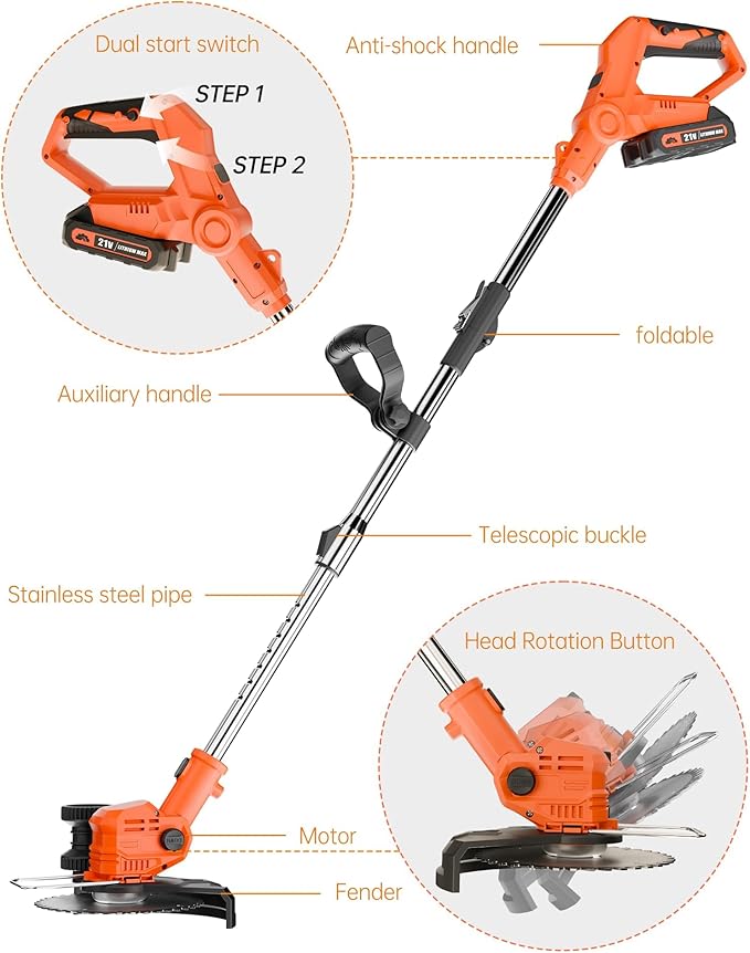 21V Cordless Weed Wacker Battery Powered, 2-in-1 Electric Brush Cutter & String Trimmer - Foldable Grass Edger with Circular & Square Blades for Lawn Garden Yard Maintenance,Red