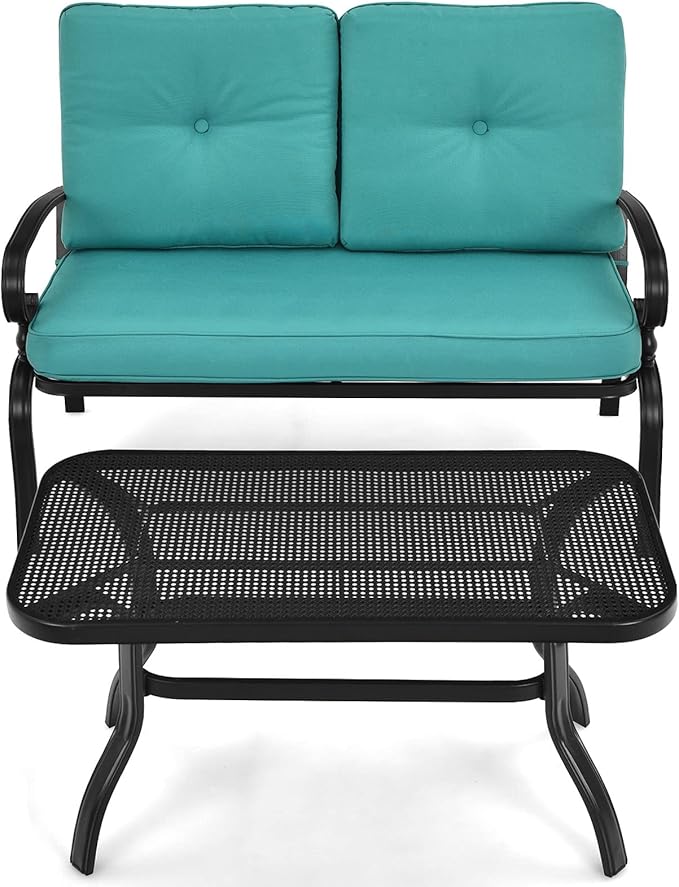 Tangkula Patio Loveseat with Table Set, 2 Seat Cushioned Sofa with Coffee Table, Patio Conversation Sofa Set with Rustproof Frame, 2 Pieces Outdoor Furniture Set for Garden, Poolside (Turquoise)