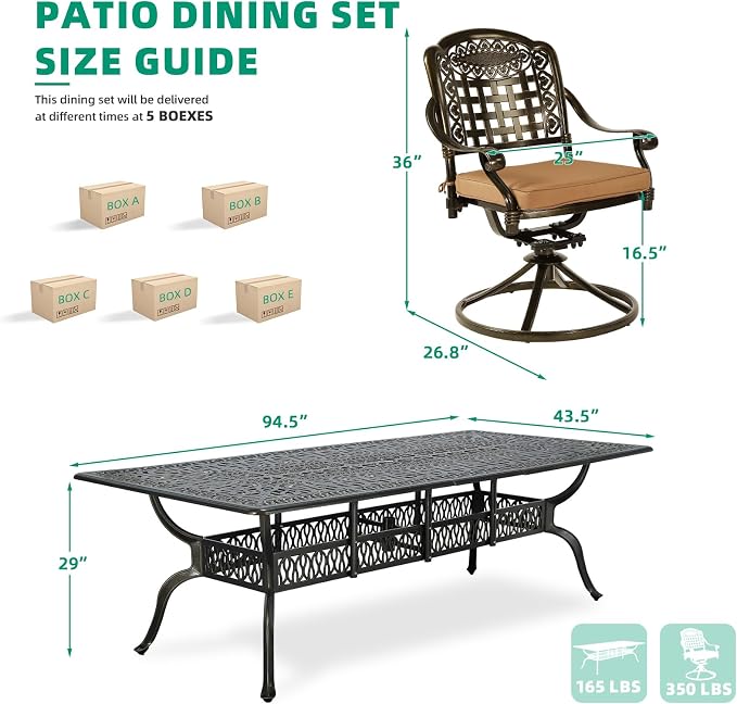VIVIJASON 9-Piece Outdoor Dining Furniture Set, Cast Aluminum Patio Table & Chairs Set for 8, Include 94.5" Rectangular Dining Table and 8 Swivel Rocker Chairs with Umbrella Hole, Khaki Cushion