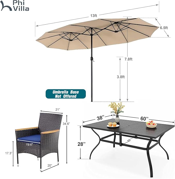 PHI VILLA 7pc Patio Dining Set w/Umbrella, Rectangular Table, Rattan Chairs | Outdoor Dining Set for 6, 60" Metal Table & 6 Cushioned Rattan Chairs with Beige Umbrella for Outdoor, Deck, Yard, Porch