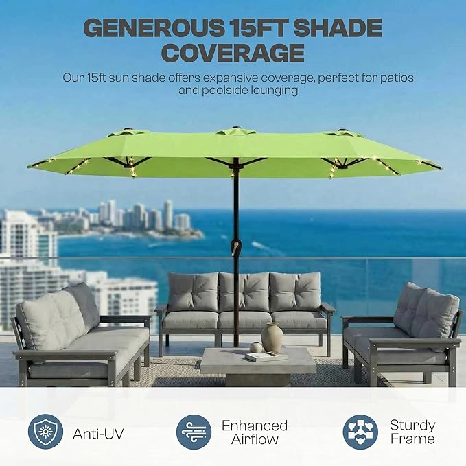 15FT Patio Umbrella with Solar Lights, Double-Sided Extra Large Outdoor Table Umbrella with Base Included, Heavy-Duty 12 Iron Ribs Market Umbrella for Garden, Pool, Backyard, Apple Green