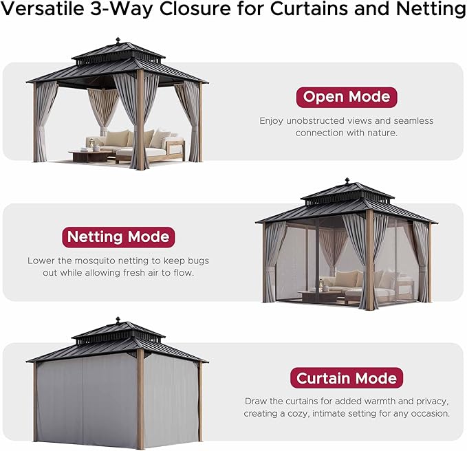 SUNJOY Kingston 12' x 10' Hardtop Wood Gazebo with Galvanized Steel Double Roof, Curtain and Netting, Cedar Posts Permanent Pavilion Gazebo for Garden, Patio, Deck, Lawn