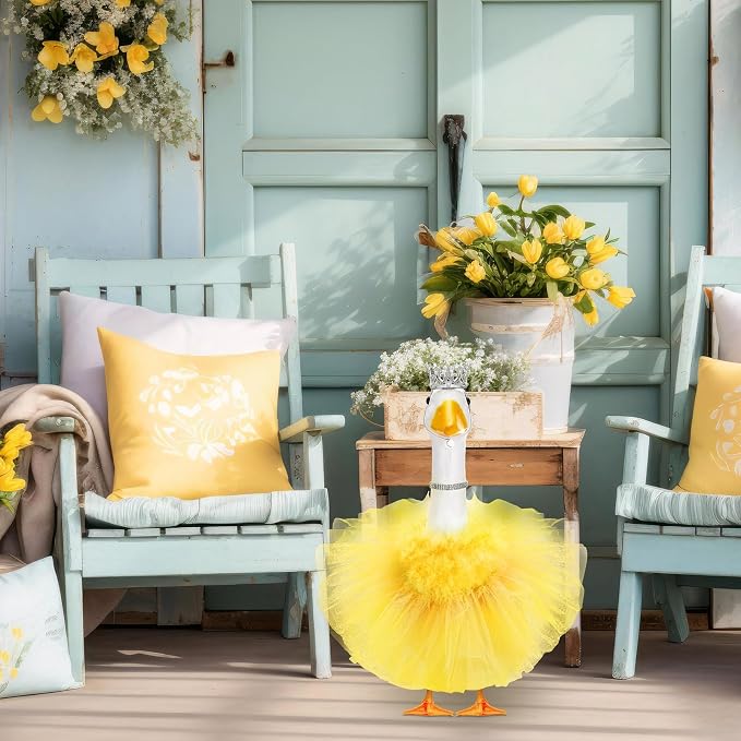 4 Pcs Princess Porch Goose Outfit for 23" 17" Cement Lawn Goose Costume Crown Necklace Tutu Skirt Feather Trim(Yellow)
