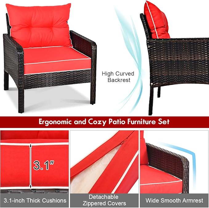 Tangkula 5 Pieces Wicker Patio Furniture Set, PE Rattan Outdoor All Weather Cushioned Sofas and Ottoman Set, 2-Person Outside Conversation Set for Lawn, Poolside, Yard, Balcony, Deck, Red