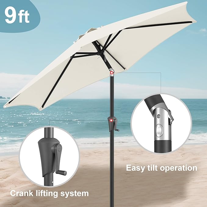 FLAME&SHADE 9ft Patio Umbrella Outdoor - Table Umbrella with Push Button Tilt and Crank, UV Protection, 6 Sturdy Ribs, Market Umbrella for Garden, Deck, Backyard, Lawn, Pool and Beach(Ivory)