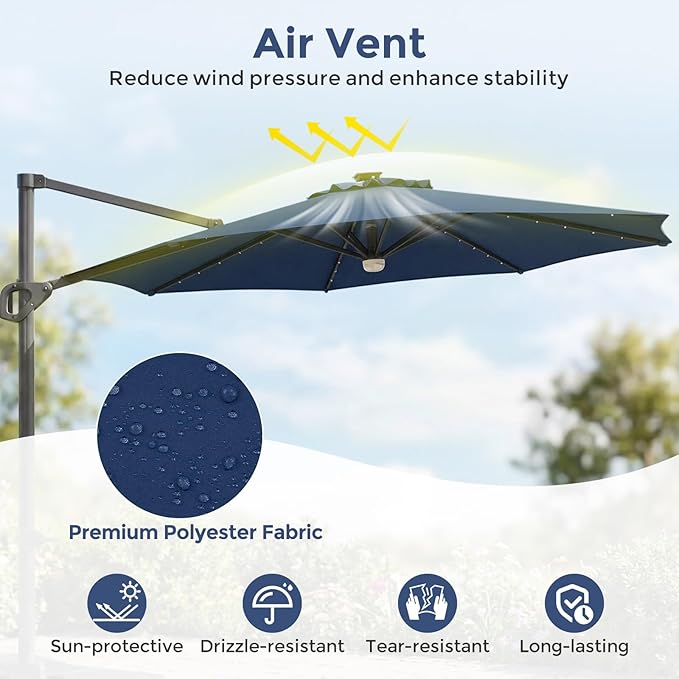 Tangkula 10ft Patio Umbrella with Solar Lights, Offset Cantilever Square Outdoor Umbrella with 35 LED Lights, Aluminum Pole, 360 Degree Rotation, Tilt Adjustment, Air Vent for Pool Deck Yard (Navy)