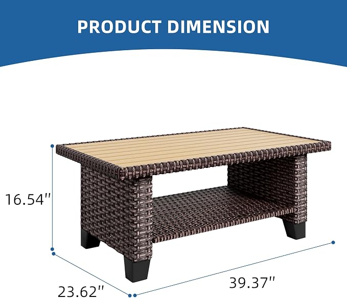 Rattaner Outdoor Wicker Coffee Table, Square Side Table with Wood-Like Tabletop, Brown