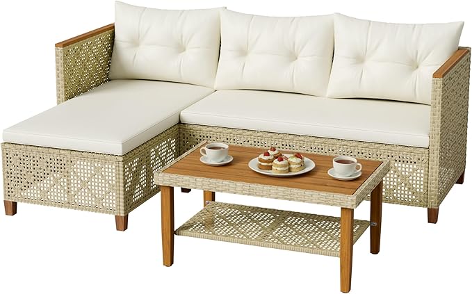 Greesum All-Weather Modular Rattan Sofa Set - Hand-Woven PE Wicker, L-Shaped Patio Couch with Cushions & Coffee Table for Indoor/Outdoor Use