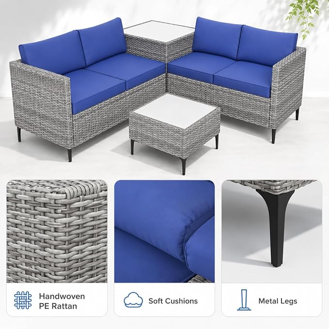 Garvee All-Weather PE Rattan Patio Furniture Set, 4 Piece Outdoor Sectional Sofa Couch with Storage Coffee Table, l-Shaped Conversation Set for Garden, Backyard, Poolside, Porch, Gray Blue