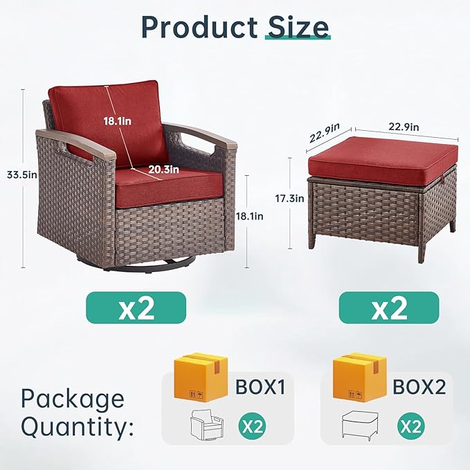 Luxury Outdoor Swivel Rocker Patio Chairs with 2 Ottomans - 4 Piece Heavy Duty Furniture Set All Weather Wicker Conversation Set with Cofort Thick Cushion for Porch Poolside and Deck - Red