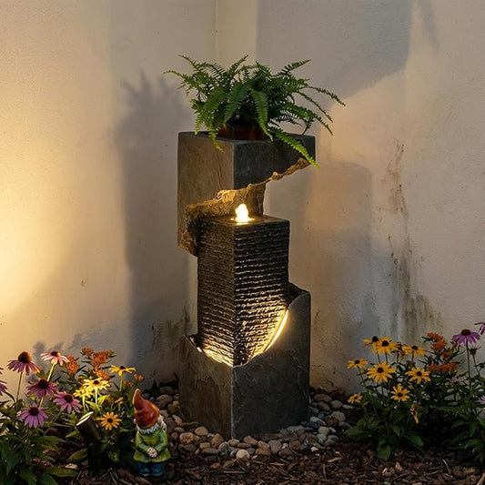Bumilgar 35.4" H Garden Water Fountain Outdoor&Indoor, Floor Standing Outdoor Water Feature with LED Lights and Pump for Garden, Patio, Deck, Backyard, Porch and Home Art Decor, Gray
