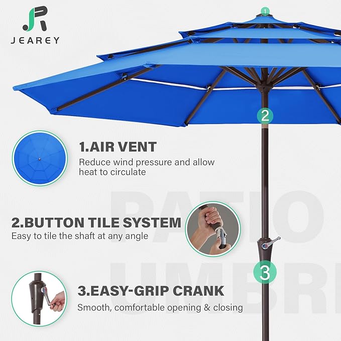 JEAREY 9FT 3 Tier Patio Umbrella Outdoor Market Umbrella Table Umbrellas with 8 Ribs 1.5 Pole Push Button Tilt and Crank UV Protection for Garden,Royal Blue