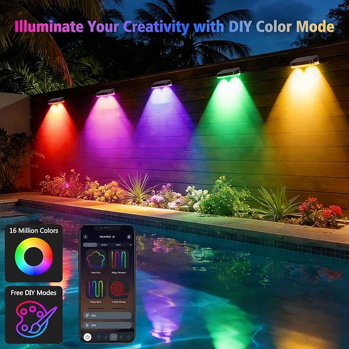 ZAIYW Outdoor Fence Lights 50ft 8 Pack, Smart RGB Build in Chip Color Changing Deck Lights with Timer Remote APP, Plug in LED String Lights Waterproof for Backyard Garden Patio Decor
