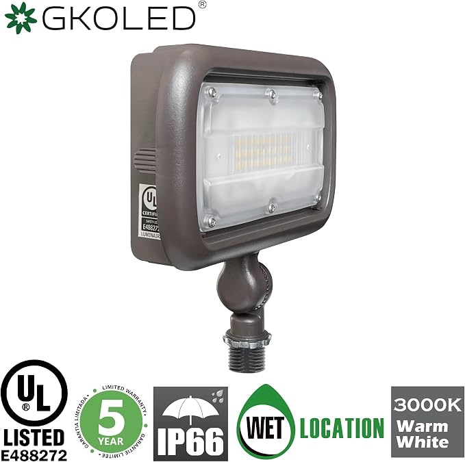 30W LED Floodlight, Outdoor Security Fixture, Waterproof, 100W PSMH Replace, 2700 Lumens, 3000K Warm White, 70CRI, 120-277V, 1/2" Adjustable Knuckle Mount, UL-Listed