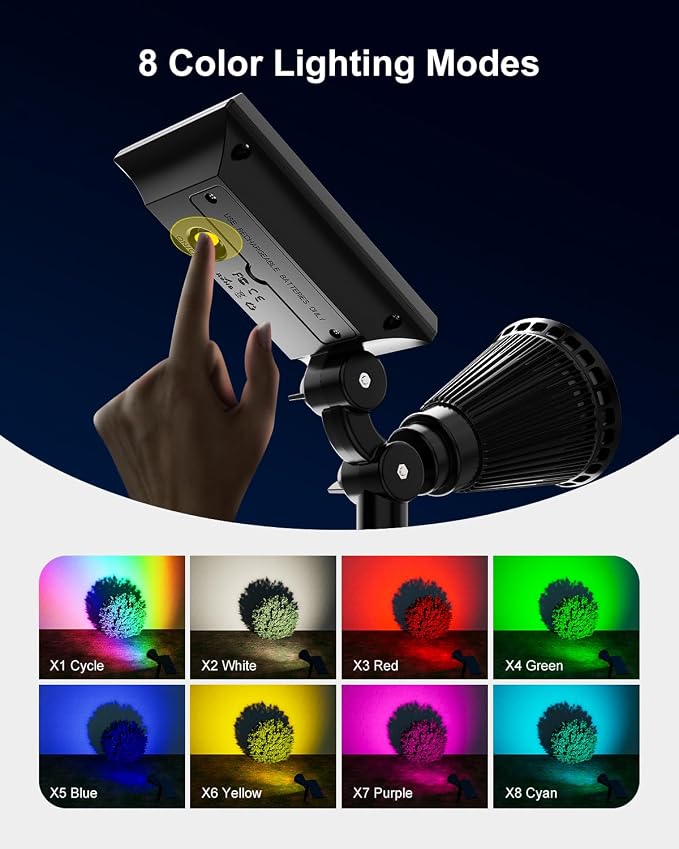 Color Changing Solar Spotlights Outdoor for Tree, Flower, Plant, Statue, Decorations, Wall, Waterproof Rainbow Lanscape Spot Lights for House Outside, Yard, Garden, Patio, 8 Coloful Uplighting Modes