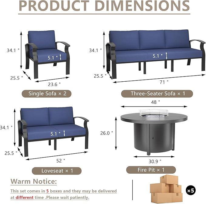ALAULM Aluminum Patio Furniture Set with Round Propane Fire Pit Table 7-seat Metal Outdoor Furniture w/5.1" Cushions Patio Sectional Sofas for Porch, Lawn, Poolside（DarkBlue