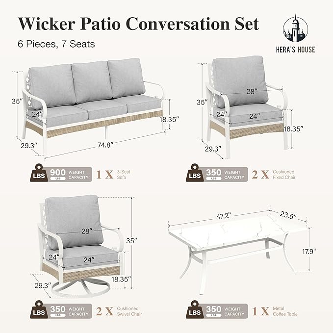 HERA'S HOUSE 6 Piece Metal Patio Furniture Set, All Weather Outdoor Conversation Set with 3-Seat Sofa, 2 Swivel Chairs, 2 Fixed Chairs & Coffee Table, 7 Seats for Backyard, Garden, Deck, White/Grey