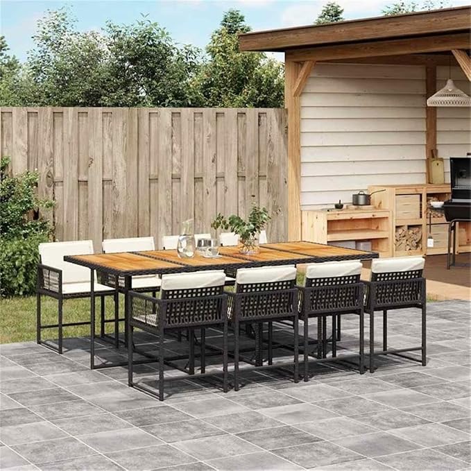 Afuera Living 9-Piece Poly Rattan Garden Dining Set with Cushions, Black and Brown Finish, Weather-Resistant, Foldable Chairs, Acacia Wood Table, Spacious Seating for 8, Outdoor Patio or Backyard Use