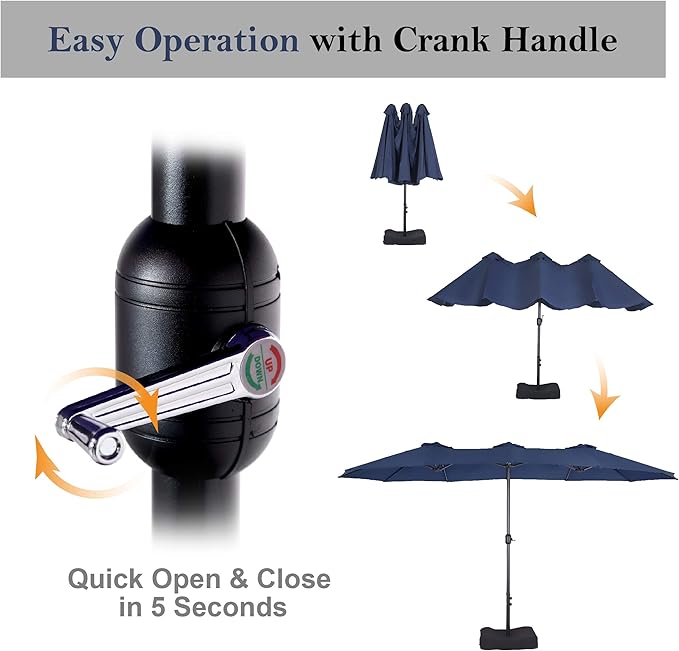 PHI VILLA 15FT Patio Umbrella with Base, Large Double-Sided Outdoor Market Umbrella with Crank Lift, UV-Resistant Canopy for Poolside, Garden, Deck, Backyard, Navy