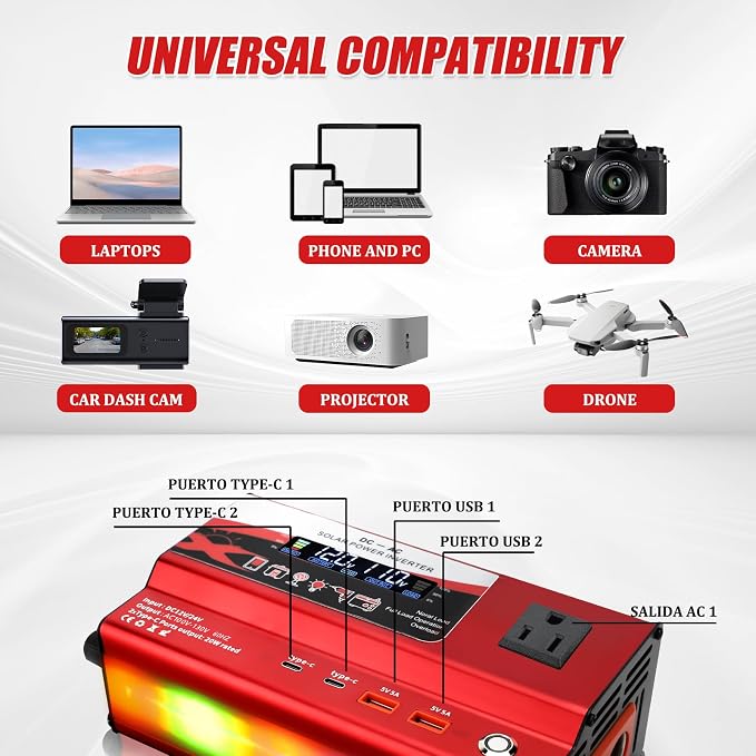 12V/24V Car Power Inverter Converter, Dual Type C Dual USB Dual Cigar Lighter Ambient Light LCD Display Adapter with Wide Compatibility, Suitable for Cars and Trucks (Red, 1000W)
