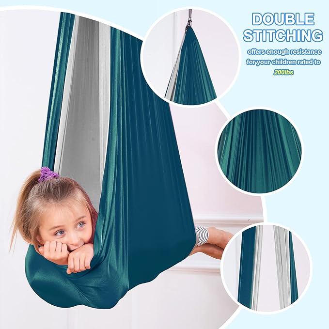 Therapy Swing Hammock Kids Cuddle Sensory Swing Indoor Therapeutic Hammock 360° Rotating Double Layer Elastic Rocking Cloth Swing Gifts for Children with ADHD SPD Asperger Autism (Green+Grey)