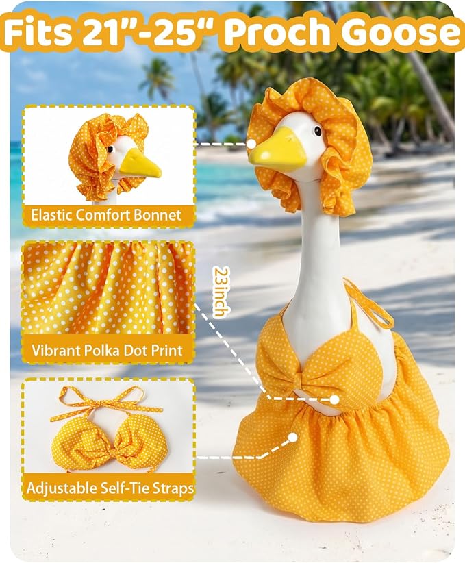 Summer Porch Goose Outfits Bikini with Sun Hat, 23" Yellow Polka Dot Hawaiian Swimsuit Lawn Cement Goose Clothes, Cute Porch Goose Swimsuit for Garden Decor, Best Gift for Mom Grandma