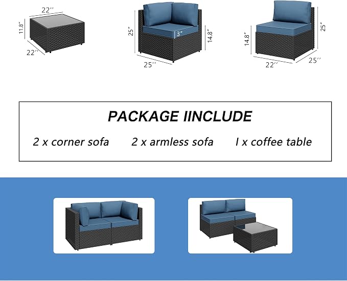 5 Piece Outdoor Patio Furniture Set,Black PE Rattan Wicker Sectional Sofa, All Weather Conversation Set with Washable Cushions & Glass Coffee Table for Backyard Poolside Garden Porch,Navy Blue