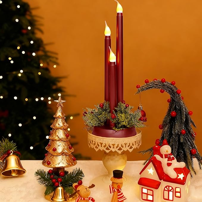 Flameless Taper Candles LED Candlesticks Battery Operated 3D Flicker Fake Candle for Xmas Wedding Fireplace Holiday Party Decor (Red)