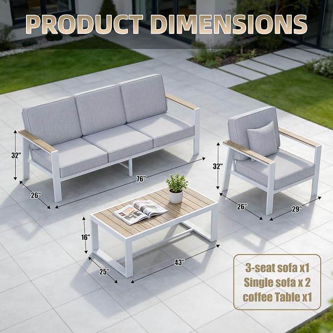Premium Aluminum Patio Furniture Set 4 Piece,Outdoor Conversation Set with Wide Armrest,5" Thick Cushions, Olefin Fabric,Rustproof Metal Frame,Deep Seating Patio Sofa Set for Backyard,Deck,villa,White