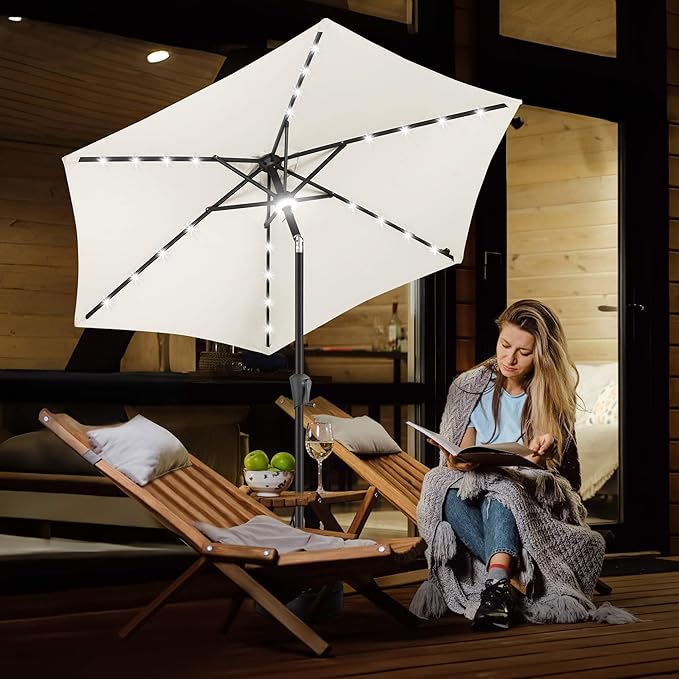FLAME&SHADE 7.5 FT Solar Light Patio Umbrella, 24 LED Lights Outdoor Umbrella with Centre Surround Light, Table Umbrella Outdoor Patio for Deck, Pool, Backyard, Garden, UV Protection (Ivory)