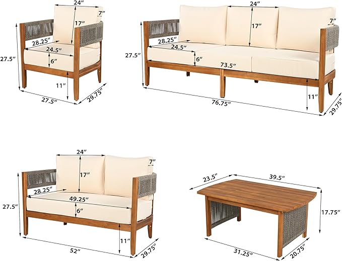 Christopher Knight Home Quixley Acacia Wood 5 Piece Patio Furniture Set, Large Wooden Patio Conversation Set with Club Chair+Coffee Table, 7-Seater Outdoor Loveseat Sofa Chair and Table Set,Teak+Beige