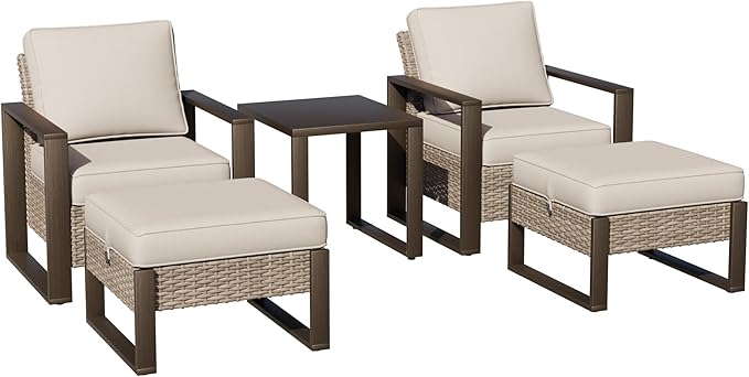 Joyside Outdoor Patio Chairs, 4 Pieces Wicker Rattan Furniture Set, 2 Patio Chairs, 2 Ottoman and 1 Table, Metal Wide Armrest, Thick Cushions and Deep Seating for Garden, Backyard, Porch, Deck