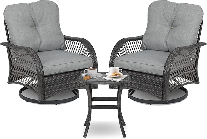 3-Piece Outdoor Patio Swivel Furniture Set, PE Rattan Patio Conversation Set with Tempered Glass Side Table for Home, Yard, Poolside