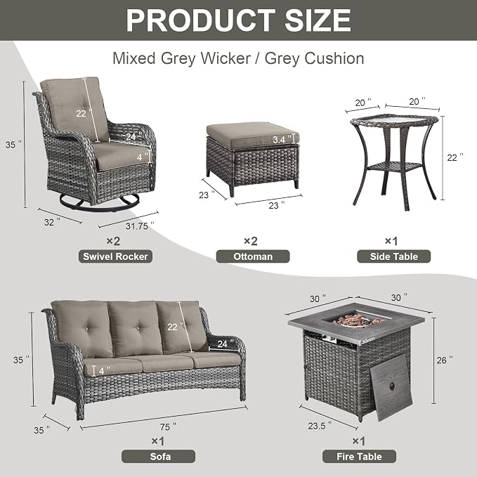 Belord Patio Furniture Set with Fire Pit Table,7 Piece Wicker Outdoor Furniture Set, Swivel Rocker Chairs with Ottomans and Sofa, All Weather Patio Conversation Set, for Pool,Yard,Gray Wicker/Gray